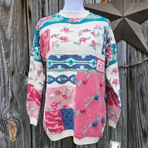 VTG Patchwork Sweater Crystal Kobe Size Petite Medium Pink Blue Beige Floral NWT